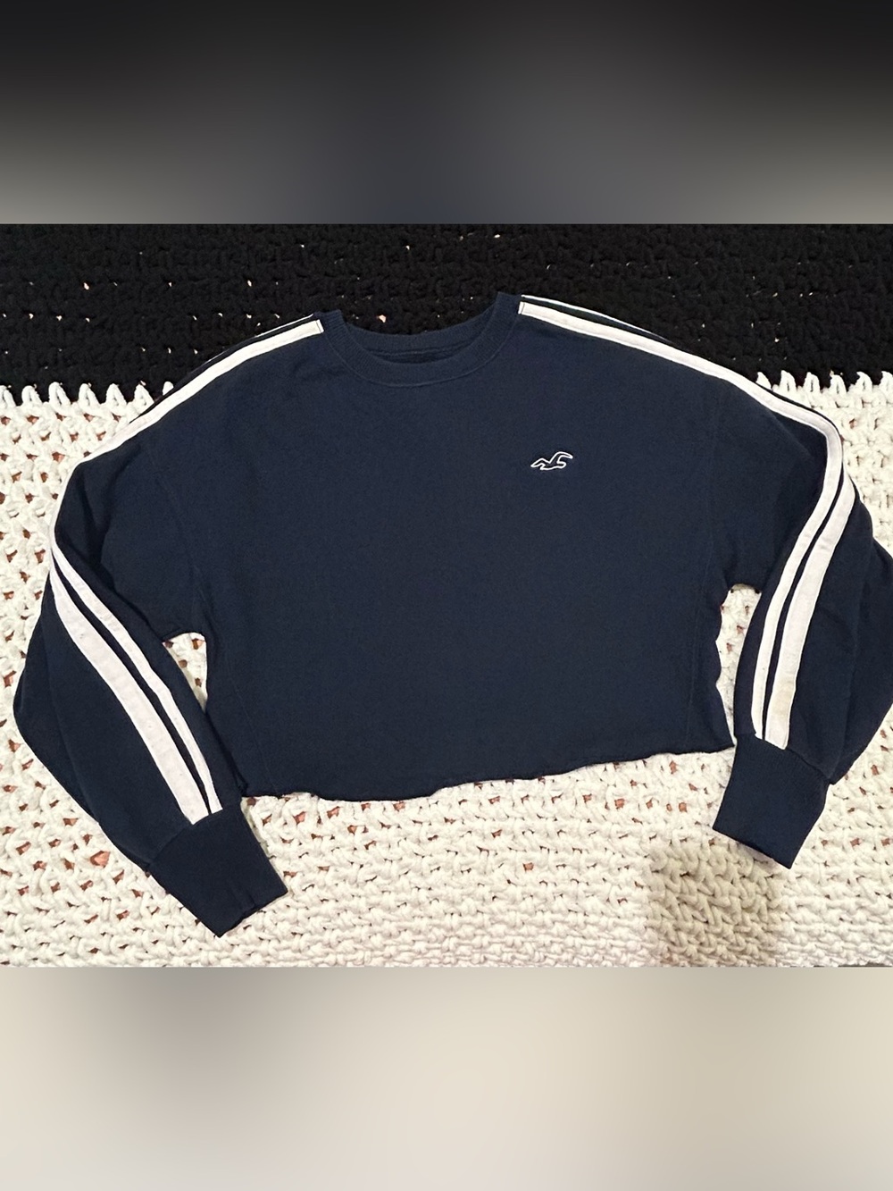 Hollister Navy Cropped Crew Sweatshirt with White Stripes